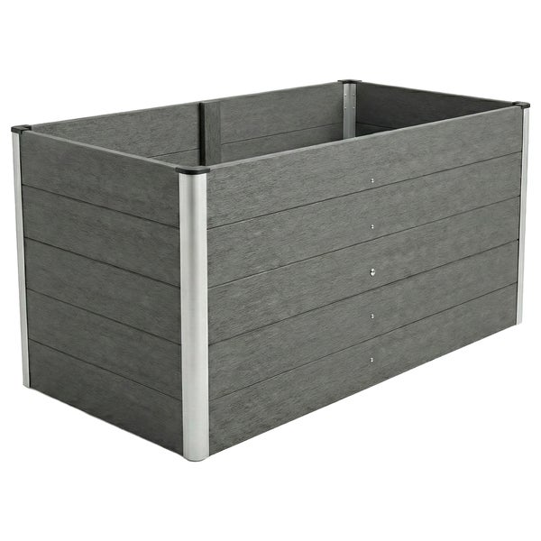 Graues Hochbeet aus Holzimitat mit silberfarbenen Metallecken