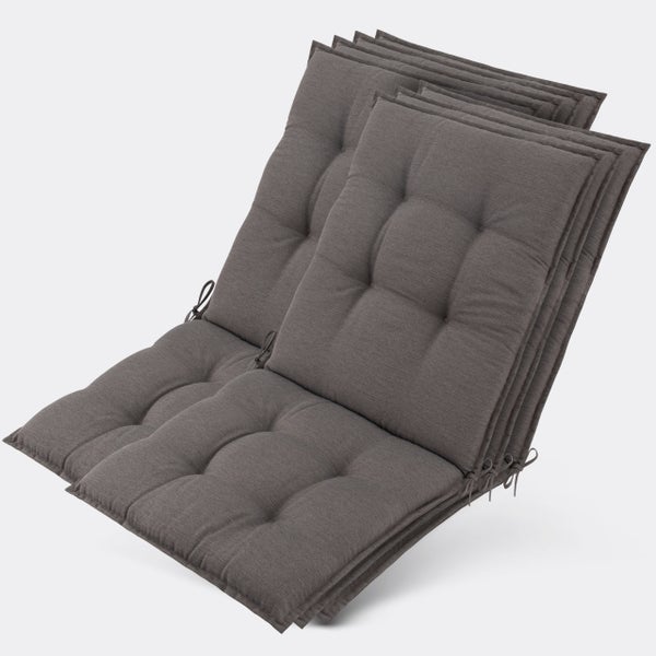 Sechser-Set Gartenstuhl-Auflagen für Hochlehner, grau meliert, gesteppt mit Haltebändern.