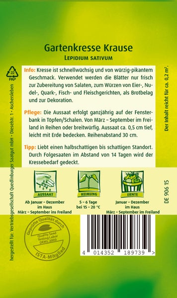 Rückseite der Samentüte für Gartenkresse Krause mit Angaben zu Aussaat, Keimung, Ernte und Pflege sowie Qualitätssiegel für geprüftes Saatgut.