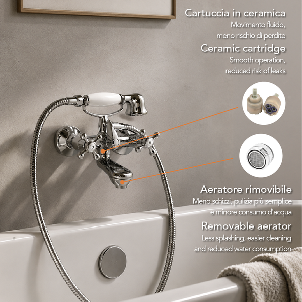 Klassische Badewannenarmatur in Chrom-Optik mit Handbrause, Keramikkartusche und abnehmbarem Luftsprudler.