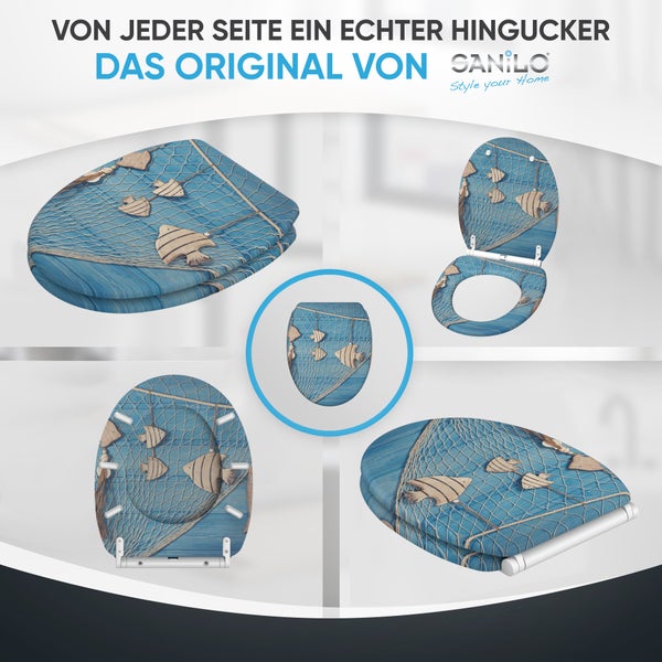 Sanilo Toilettendeckel mit maritimem Design Fischernetz und Fischen auf Holzoptik aus stabilem Holzwerkstoff