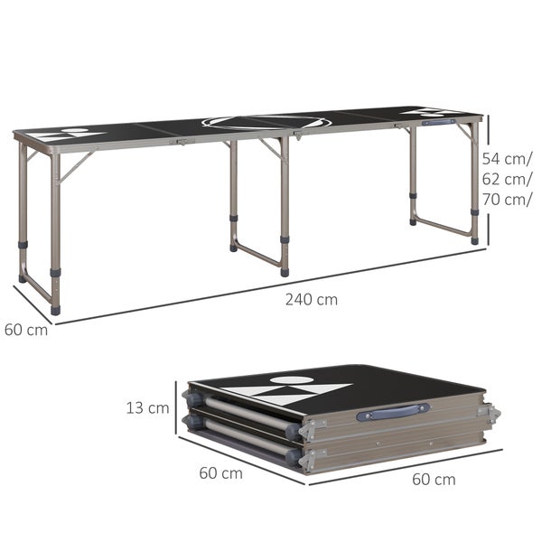Outsunny Bierpong Tisch klappbarer Campingtisch 240 x 60 cm Klapptisch höhenverstellbar Reisetisch für Garten, Balkon, Alu, Schwarz