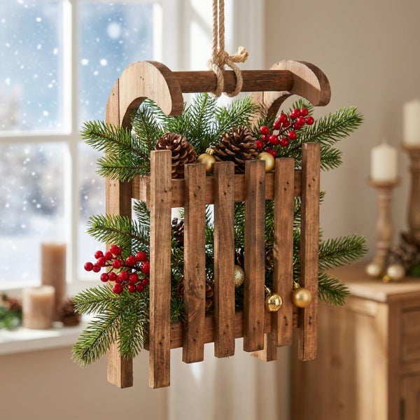 Dekorativer Hängeschlitten aus Holz mit Tannenzweigen, Tannenzapfen und roten Beeren als weihnachtliche Dekoration.