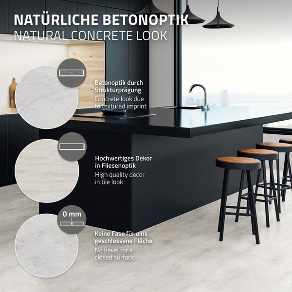 Moderne Küche mit Bodenbelag in Betonoptik, illustriert mit Strukturprägung, Fliesendekor und fugenloser Kante für eine geschlossene Oberfläche.