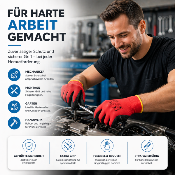 Mann arbeitet mit Arbeitshandschuhen an einem Motor. Die Handschuhe sind strapazierfähig, flexibel und bieten extra Grip für Handwerk und Montage.