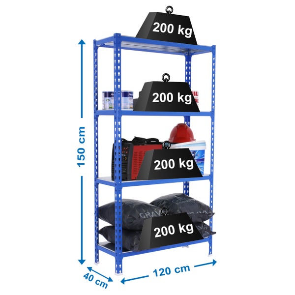 Schwerlastregal MID METAL SHARK | HxBxT 150x120x40cm | Fachlast 200kg | Blau-Verzinkt