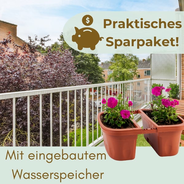 Balkonszene mit Pflanzgefäßen mit Wasserspeicher im praktischen Sparpaket