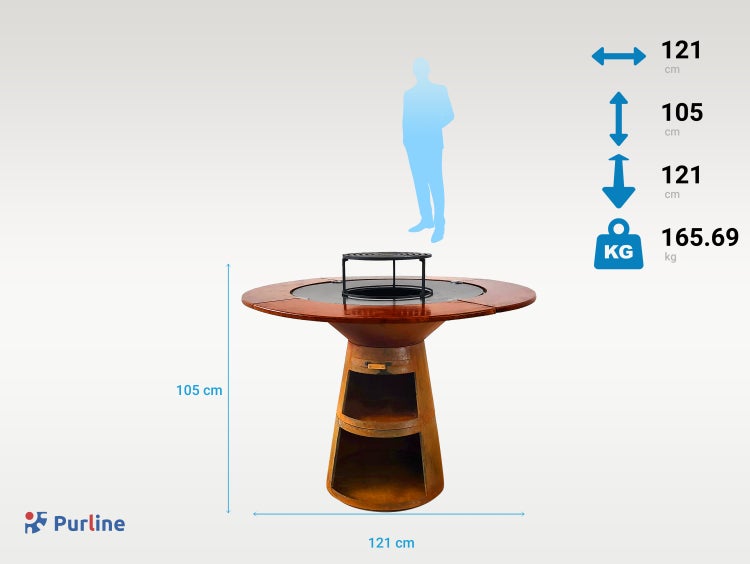 Purline Grilltisch mit den Maßen 121 x 105 x 121 cm und einem Gewicht von 165,69 kg.