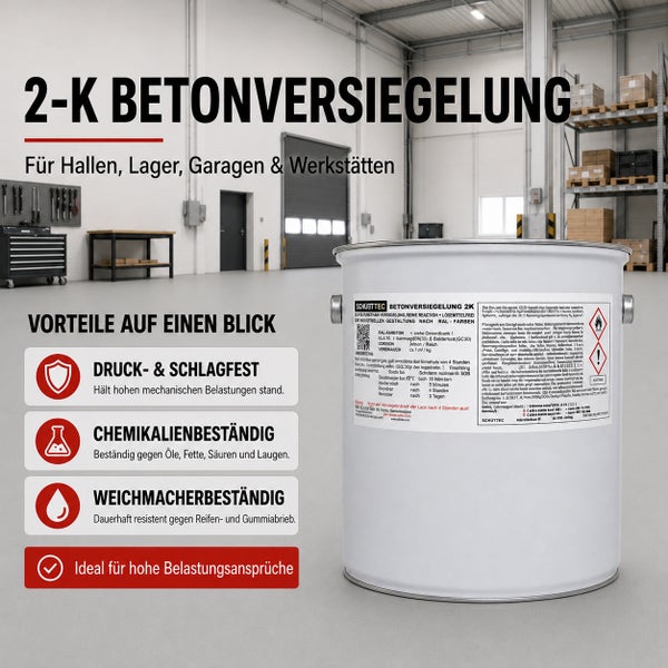 2-Komponenten Betonversiegelung im Metalleimer in einer hellen, organisierten Lagerhalle, druckfest, chemikalien- und weichmacherbeständig.