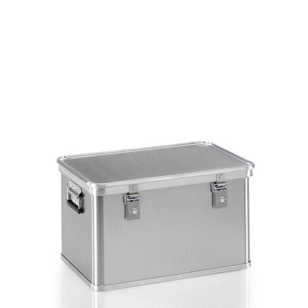 Aluminiumbox mit Deckel, zwei Spannverschlüssen und seitlichem Tragegriff.