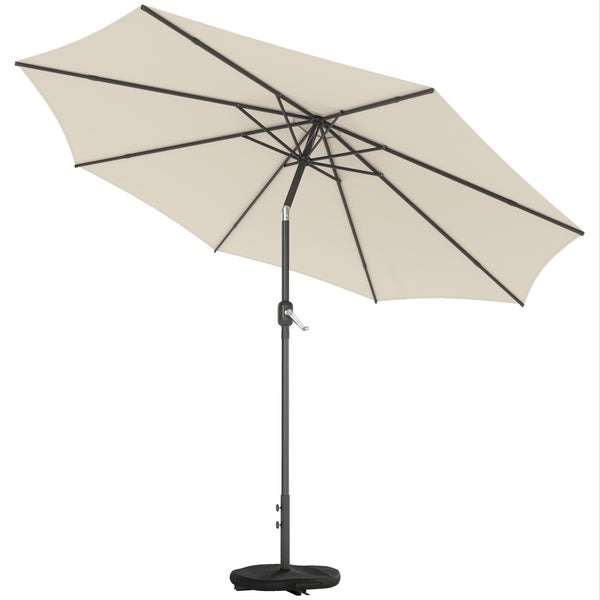 Outsunny Sonnenschirm ca. Ø300 cm neigbar Balkonschirm mit Kurbel Kreuzfuß Sandsack, UV 30+ Einziehbar Gartenschirm Rund windfest stabil Marktschirm für Garten Balkon Terrasse Cremeweiß