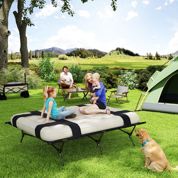 Outsunny Feldbett Campingbett mit Luftmatratze Pumpe 200 x 153 cm Gästebett belastbar bis 200 kg Extra Breit Campingliege für 2 Erwachsene für Camping Outdoor Garten Reisen Schwarz+Khaki