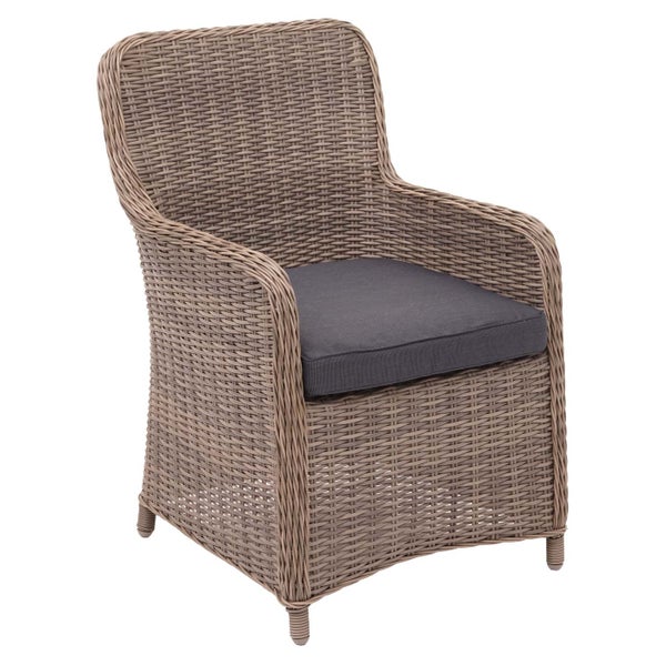 Gartensessel aus Polyrattan-Geflecht mit Armlehnen und Sitzkissen.