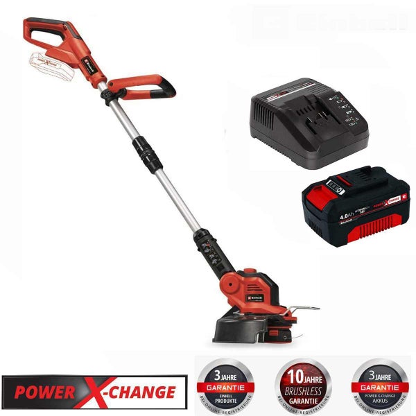 Einhell Akku Rasentrimmer mit Ladegerät und 4.0 Amperestunden Power X-Change Akku.
