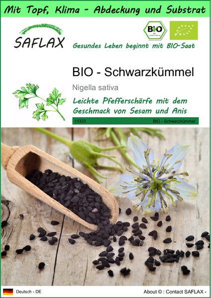 SAFLAX Garden to go - BIO - Schwarzkümmel - Nigella sativa - 300 Samen - Mit Topf, Klima - Deckel und Anzuchtsubstrat