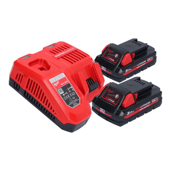 Milwaukee Akku-Set bestehend aus einem Schnellladegerät M12-18FC und zwei M18 Redlithium High Output Akkus mit jeweils 3 Amperestunden.