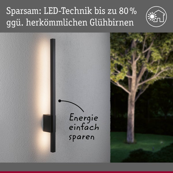 LED Außenwandleuchte an einer Hauswand mit warmem Licht spart bis zu 80 Prozent Energie gegenüber herkömmlichen Glühbirnen.