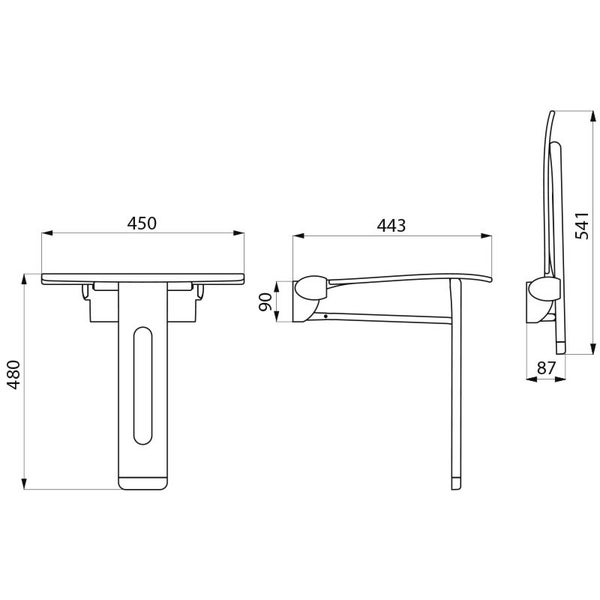 Maßzeichnung eines klappbaren Duschsitzes mit Maßen in Millimetern: Breite 450, Tiefe 443, Höhe 480 ausgeklappt und 541 eingeklappt.
