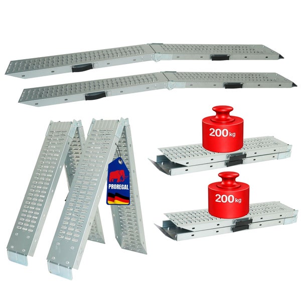 Zwei klappbare Auffahrrampen aus Aluminium mit Tragegriffen, Traglast zweihundert Kilogramm pro Rampe, rutschfeste Oberfläche, Proregal Logo.