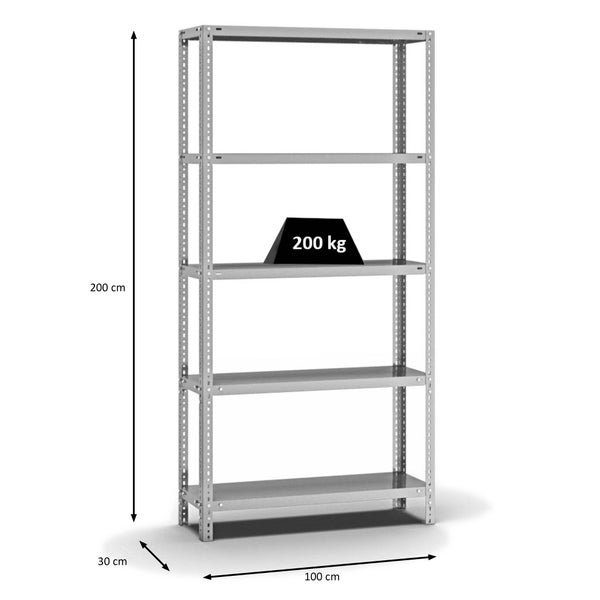 PROREGAL Fachbodenregal Schraubsystem Medium-Duty Grundregal HxBxT 200 x 100 x 30 cm 5 Ebenen Fachlast 200 kg Beidseitig Nutzbar Verzinkt