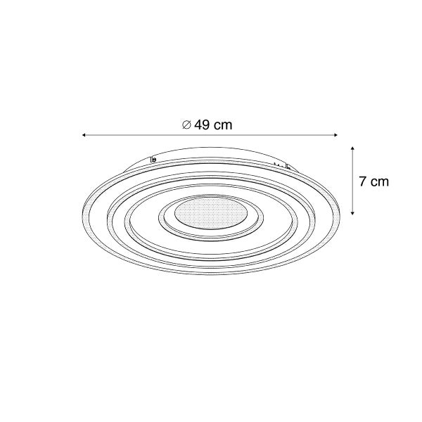 Zeichnung einer runden Deckenleuchte mit einem Durchmesser von 49 Zentimetern und einer Höhe von 7 Zentimetern.