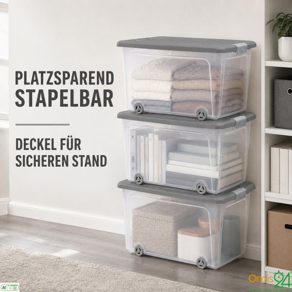 Drei stapelbare Aufbewahrungsboxen aus Kunststoff mit Deckel und Rollen zur ordentlichen Lagerung von Textilien und Haushaltsgegenständen.
