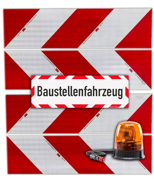 UvV Set 3M Kfz-Warnmarkierung 823i Set 4 x 564x141 mm + 45 x 15 cm Baustellenfahrzeug + magnetische Rundumleuchte Halogen (Hohe Leuchte)