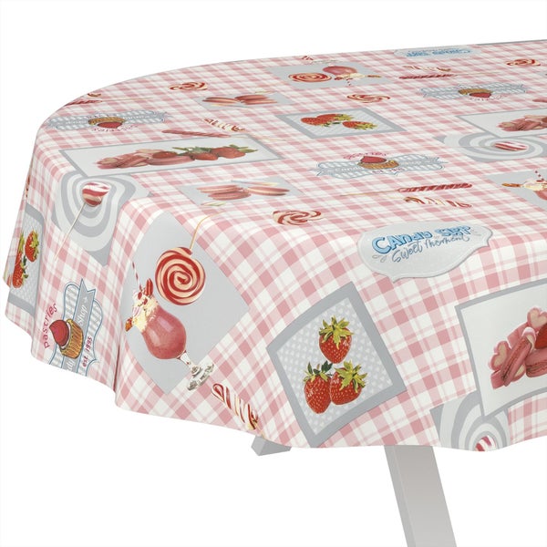 Runde Tischdecke mit rosa-weißem Karomuster und Motiven von Süßigkeiten wie Lollis, Milchshakes und Erdbeeren.