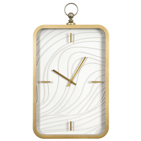 Rechteckige Wanduhr mit wellenförmigem Zifferblatt und metallischem Rahmen inklusive Aufhängevorrichtung.