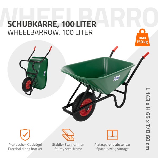 ECD Germany Schubkarre, 100 Liter PP-Mulde Grün, 150kg Tragkraft, Luftreifen mit Metallfelge, Gartenschubkarre Schiebkarre Garten Karre Bauschubkarre Arbeitskarre Scheibtruhe Transportkarre für Garten