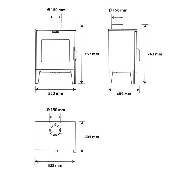 Kaminofen Maßzeichnung: Höhe 762 Millimeter, Breite 522 Millimeter, Tiefe 405 Millimeter, Durchmesser 150 Millimeter. Front, Seiten und Draufsicht.