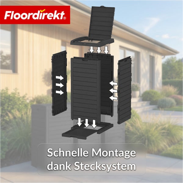 Abbildung eines Stecksystems zur schnellen Montage eines Geräteschranks.