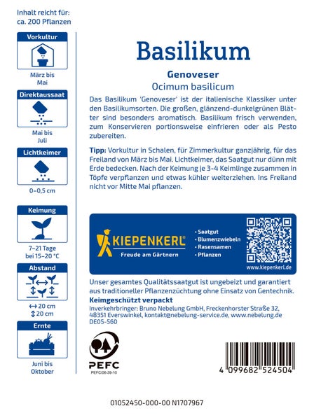 Saatgut Basilikum Genoveser von Kiepenkerl mit Anbauinformationen und Hinweisen zur Vorkultur, Direktsaat, Keimung, Pflanzabstand und Erntezeit.