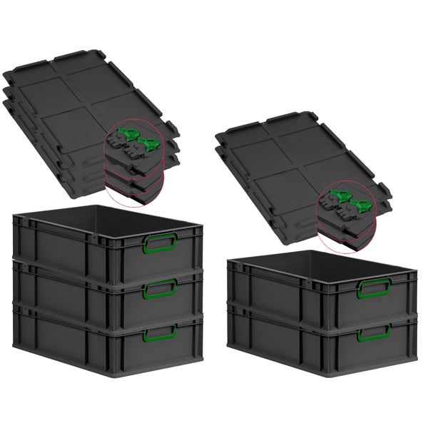 PROREGAL SuperSparSet 5x Eurobox NextGen Color mit Scharnierdeckel und Schiebeschnappverschlüssen, HxBxT 17x40x60cm, 34 Liter, Schwarz, Griffe grün geschlossen, Eurobehälter, Transportbox, Transportbehälter, Stapelbehälter