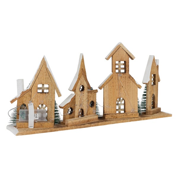 ECD Germany LED Holz Weihnachtsdorf, 56x13x27 cm, 25 LEDs warmweißes Licht, Weihnachtsdekoration, Winterdorf batteriebetrieben (2xAA), Weihnachtsstadt, Deko Häuser, Weihnachtsszene mit Beleuchtung