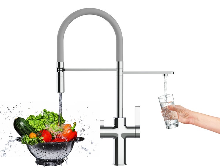 NIEDERDRUCK 3 Wege Wasserhahn Küchenarmatur, FC, mit 360° schwenkbarem Auslauf, abnehmbare 2 strahl Handbrause, Verchromt / Grau