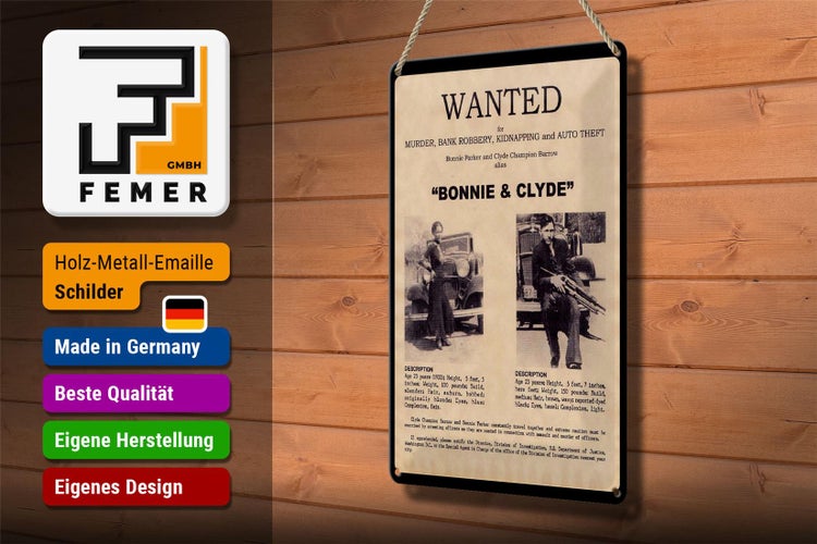 Blechschild Spruch 20x30cm wanted Bonnie Clyde