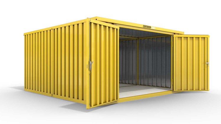 Lagercontainer Gerätehaus L2  – 16 qm, H2150 x B4050 x T4340 mm, Außenwandlackierung RAL 1003 signalgelb, Dach außen verzinkt, mit Holzfußboden, 2750 mm Doppelflügeltür mittig in Stirnseite, montiert