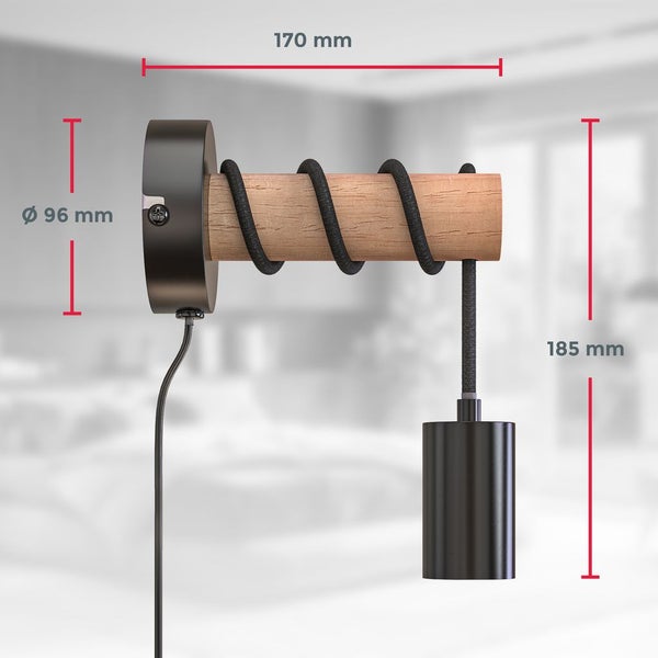 Wandleuchte - schalter, mit Stecker, E27 Fassung, max. 10W, schwarz