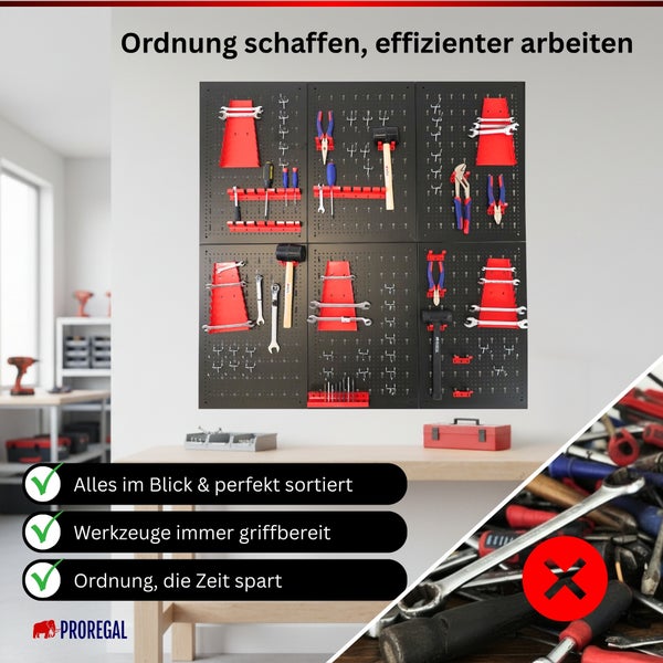 Organisierte Werkstattwand mit Werkzeughaltern an einer Lochwand über einer Werkbank für effizientes Arbeiten. PROREGAL Logo.