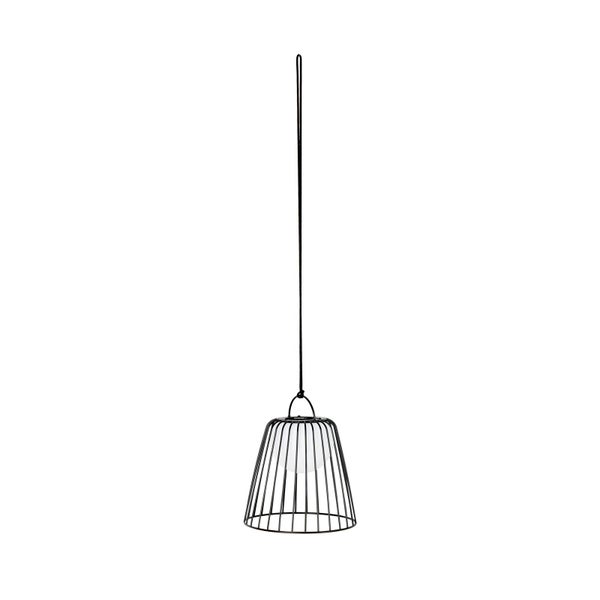 Schwarze Pendelleuchte mit trapezförmigem Metallkäfig und weißem, kugelförmigem Leuchtmittel an einem langen Kabel.