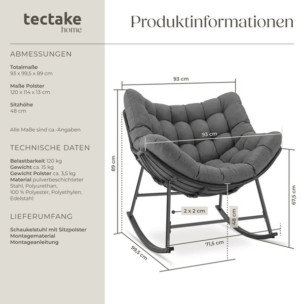 tectake home Logo. Infografik eines Schaukelstuhls mit Sitzpolster zeigt Maße circa 93 mal 99,5 mal 89 Zentimeter und technische Informationen.