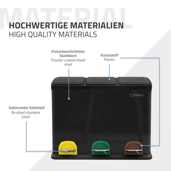 ML-Design Mülleimer Küche 3x 15L (45L), Schwarz, Mülltrennsystem 3 Fächer, Treteimer zur Mülltrennung, Abfalleimer aus Stahl mit Inneneimer aus Kunststoff & Klappdeckel, farblicher Kennzeichnung