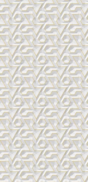 Tapete mit geometrischem 3D-Muster, sechseckige Formen und goldfarbene Linien.