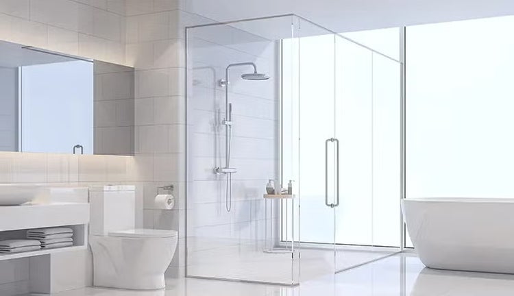 Modernes Badezimmer mit begehbarer Dusche mit Glaswänden, freistehender Badewanne, Waschbecken und Toilette in heller, minimalistischer Gestaltung.