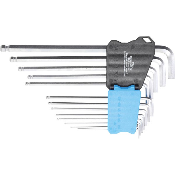 Winkelschlüsselsatz in Zoll mit Kugelkopf im Kunststoffhalter in Schwarz und Blau.