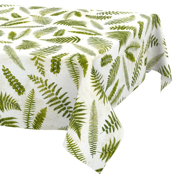 Tischdecke mit grünem Farnblatt-Muster aus Textilgewebe.