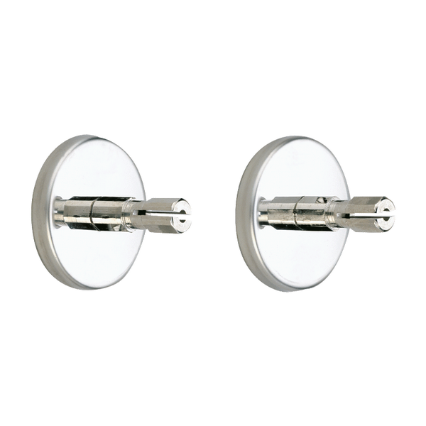 Zwei Befestigungen für Toilettensitze aus Metall mit runder Rosette und Spreizbolzen.