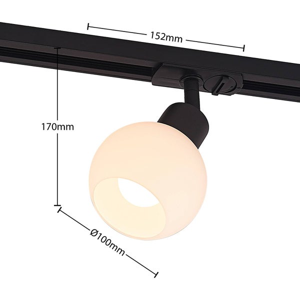 Schwarzer Schienenspot mit kugelförmigem Schirm. Maße: Höhe 170 Millimeter, Durchmesser 100 Millimeter, Adapterbreite 152 Millimeter.