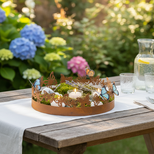 Runde Dekoschale aus Metall in Rostoptik mit Schmetterlingsmotiven, dekoriert mit Moos und Teelichtern auf einem hellen Holztisch im Garten.